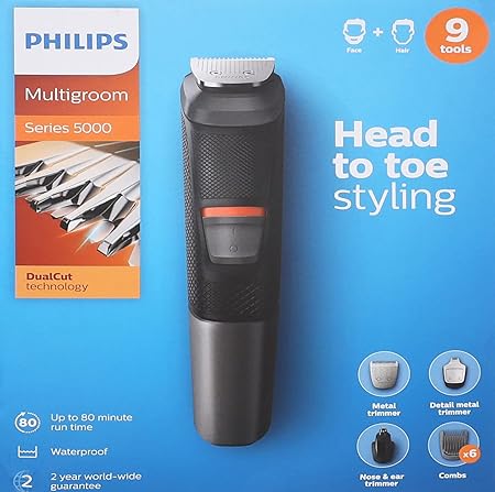 Philips MG5720 Multigroom 9-in-1, Face, Hair and Body 9 tools, DualCut technology, Up to 80 min runtime, Waterproof - International Warranty